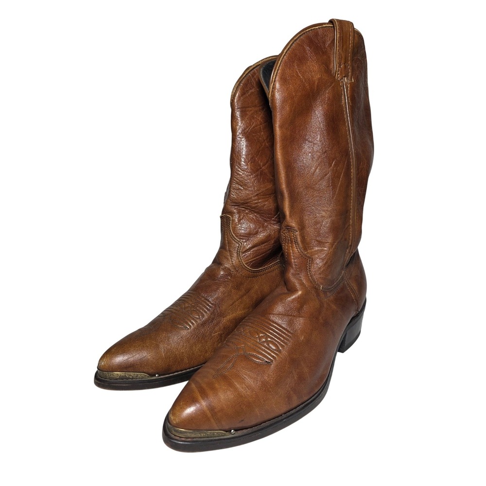Vintage Laredo Brown Leather Western Cowboy Boots Pointed Toe Metal Tips Sz 9